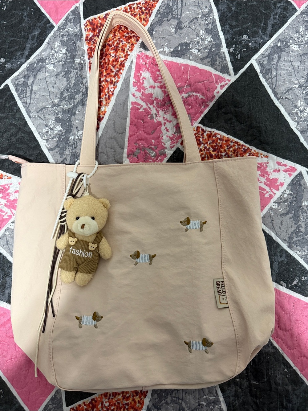 Beige Embroidered Tote Bag with Bear Charm - Women Bags